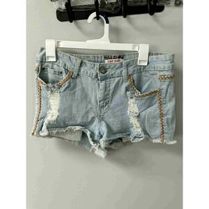 Hot Kiss Denim Shorts Distressed Frayed Hem‎ Embellished Pockets Size 13 / 34